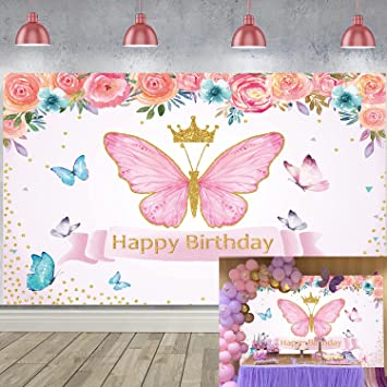 Photo 1 of Cenven Butterfly Birthday Backdrop Pink Rose Floral Gold Crown Happy Photography Background Girl Kids Princess Bride Wedding Baby Shower Party Cake Table Decoration Supplies 7x5FT
