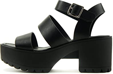 Photo 1 of SODA ACCOUNT ~ Women Open Toe Two Bands Lug sole Fashion Block Heel Sandals with Adjustable Ankle Strap
