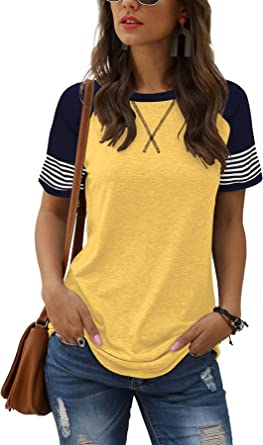 Photo 1 of Adibosy Women's Short Sleeve Tops Leopard Color Block T Shirt Casual Tunic Crew Neck Striped Shirts S-XXL
