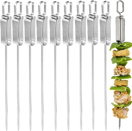 Photo 1 of Yopay 9 Pack Kabob Skewers 14 Inch Flat Metal BBQ Skewers, Reusable Stainless Steel Grilling Shish Kebab Skewer Sticks with Non Slip Push Bar Ring Handle for Meat Shrimp Chicken Vegetable Camping
