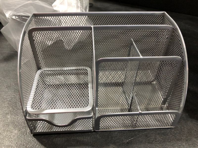 Photo 2 of Coavas Desk Organizer Desktop Office Supplies Organizer With 6 Compartments , Space Saving Mesh Desk Organizer With Pencil Holder And Storage Box With Drawer for Desktop Accessories, silver
