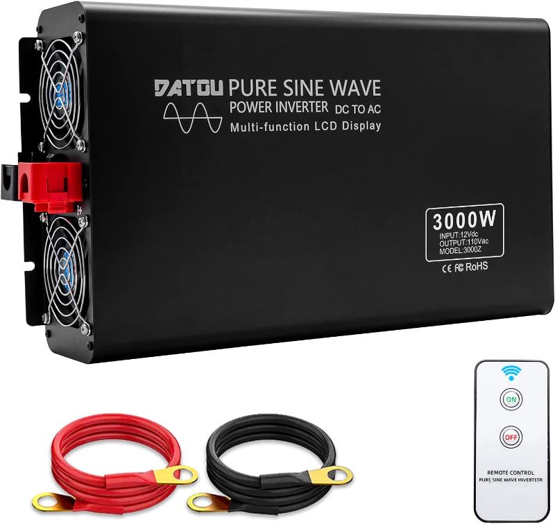 Photo 1 of DATOU BOSS Pure Sine Wave Power Inverter 3000W/6000W Peak Car Inverter DC 12V to 110V AC Car Converter for Truck/Boat/RV/Car Solar System,2AC Outlets,LED Display,Wireless Remote Control