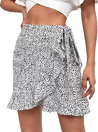 Photo 1 of Verdusa Women's Dalmatian Print Knot Side High Waist Ruffle Hem Wrap Mini Skirt
SZ- XL