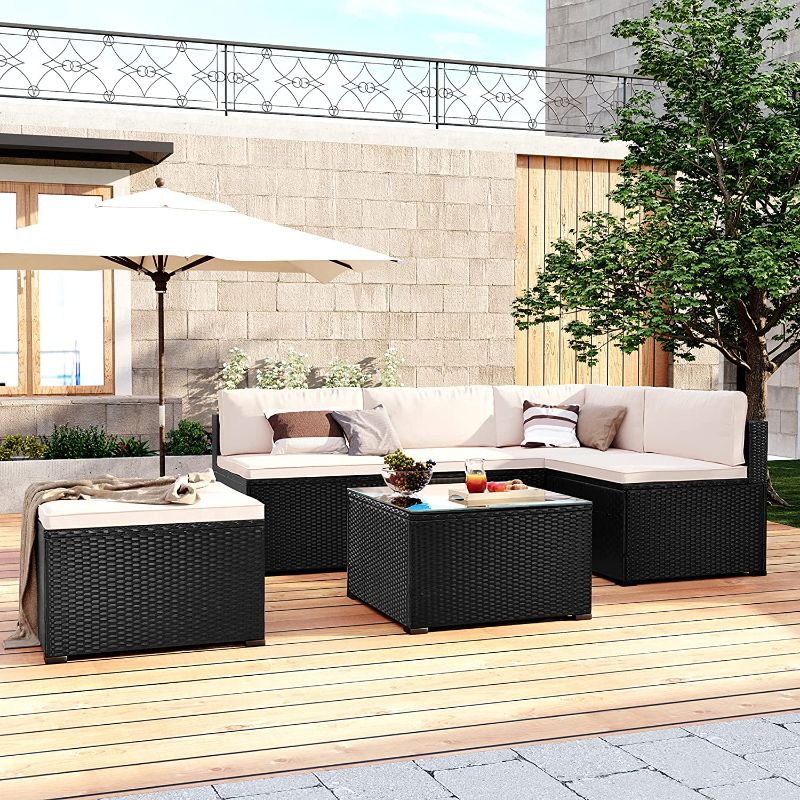 Photo 1 of 6 Piece Outdoor Patio Conversation Set with Removable Cushions Garden Backyard Lawn PE Rattan Wicker Sectional Conversation Sofa Couch Set with Tempered Glass Table (Black Wicker + Beige Cushion)