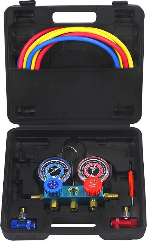 Photo 1 of AC R1234YF Gauge Set, 3 Way Air Conditioner Diagnostic Manifold Gauge Set for R1234yf Freon Charging with 5FT Hose, 2 Adjustable Coupler, Valve Core Remover Spanner