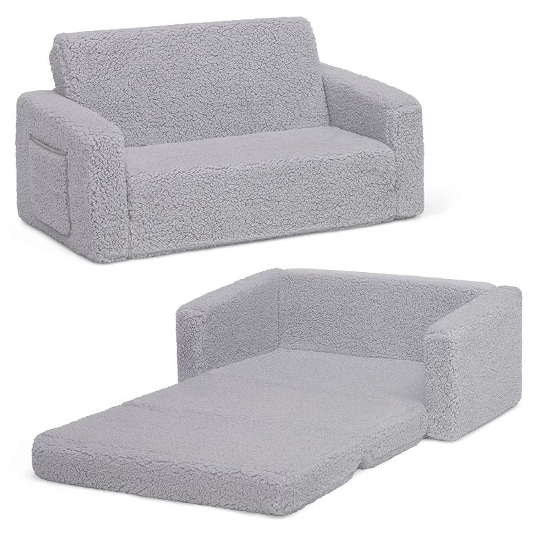 Photo 1 of Delta Children Cozee Flip-Out Sherpa 2-in-1 Convertible Sofa to Lounger for Kids, Grey

Sofa: 30”W x 17”D x 15”H
Lounger Flipped Open: 30"W x 40"D x 12"H