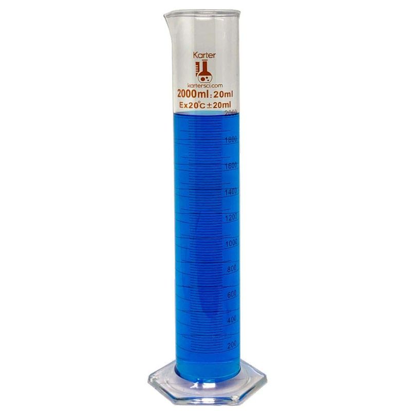 Photo 1 of 2000ml Graduated Cylinder, Borosilicate 3.3 Glass, Single Metric Scale, Karter Scientific 213I16 (Single)