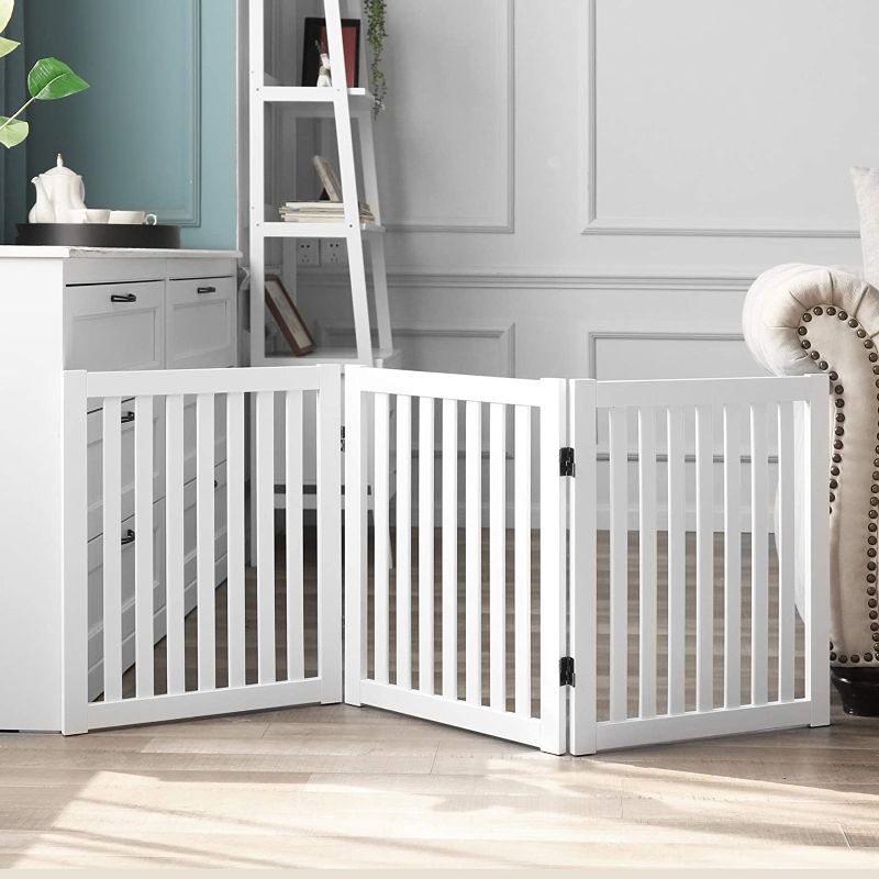 Photo 1 of WELLAND Wooden Freestanding Pet Gate, 24 Inch 3 Panel Step Over Fence, Expands Up to 60" Wide, Foldable Indoor Dog Gate Puppy Safety Fence, White