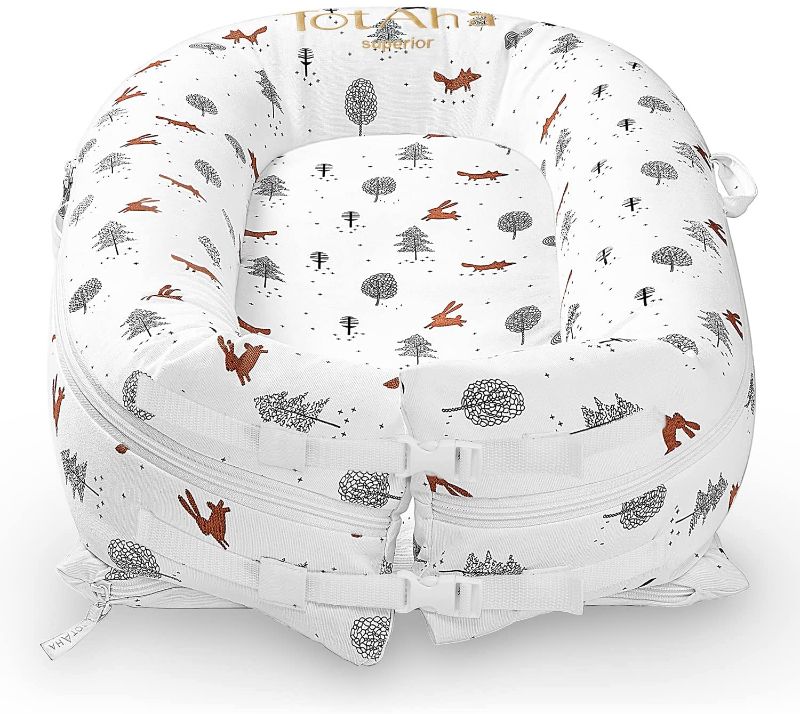 Photo 1 of Organic Newborn Baby Nest | TotAha Superior Dock for A Tot | 100% Cotton | All in One Multi-Functional Baby Dock | Portable Lounger & Infant Floor Seat | Newborn Essentials | Gift Set 'Woodland'