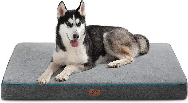 Photo 1 of Bedsure Large Orthopedic Dog Bed for Large Dogs - Memory Foam Waterproof Dog Bed for Crate with Removable Washable Cover and Nonskid Bottom - Plush Flannel Fleece Top Pet Bed, Grey