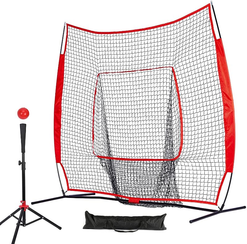 Photo 1 of Baseball and Softball Practice Net 7'×7' Portable Hitting Batting Training Net with Carry Bag & Metal Frame + Baseball Softball Batting Tee (Baseball Net with Batting Tee)