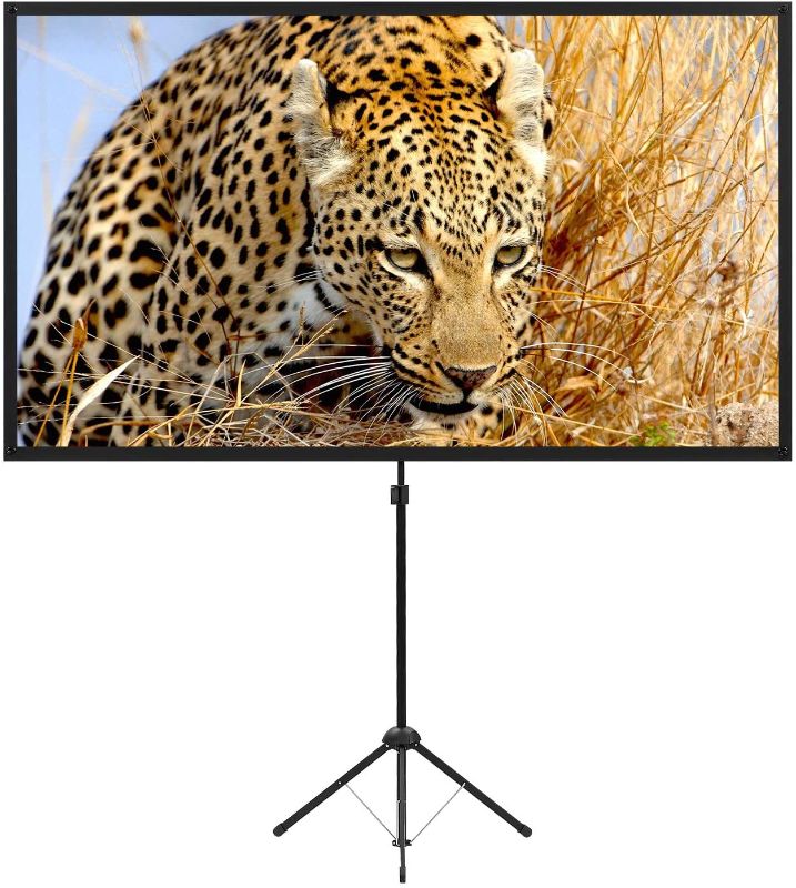 Photo 1 of Portable Projector Screen with Stand, Outdoor Movie Screen, 80 Inch 16:9 Light-Weight, Mobile and Compact, Easy Setup and Carrying, Projection Screen with 1.2 Gain Glass Fiber, Idea for Home Cinema
