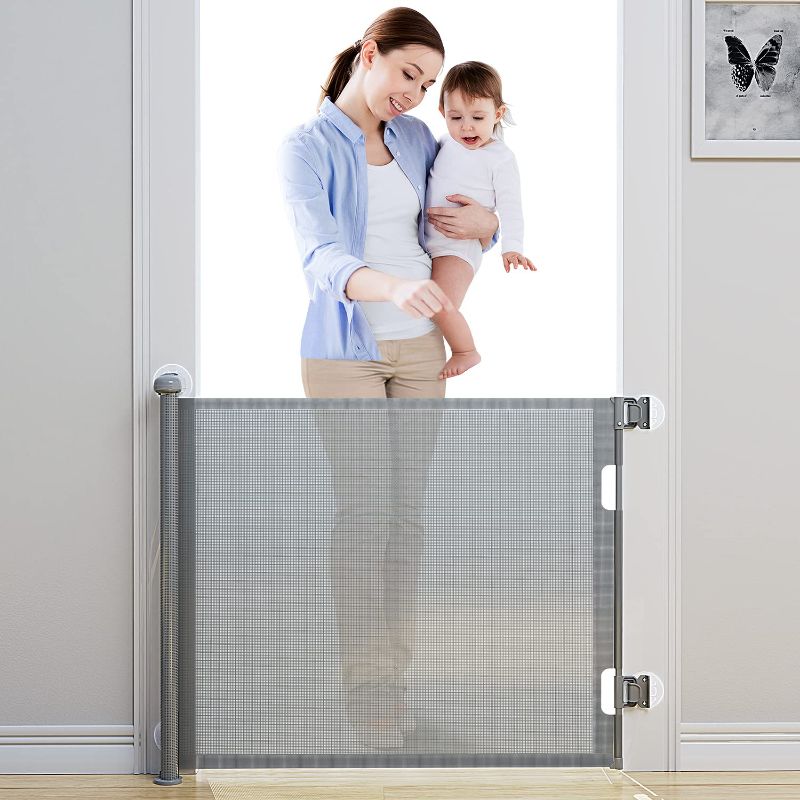 Photo 1 of BabyBond Retractable Baby Gates, Punch-Free Install Baby Gate Extra Wide 71” X 33” Tall for Kids or Pets Indoor and Outdoor Dog Gates for Doorways, Stairs, Hallways, Grey
