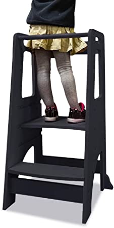 Photo 1 of ZZBIQS Wooden Kitchen Toddler Step Stool Helper, Height Adjustable Learning Toddler Tower with Safety HandRail, Standing Tower Daycare Furniture for Kids (Black)
