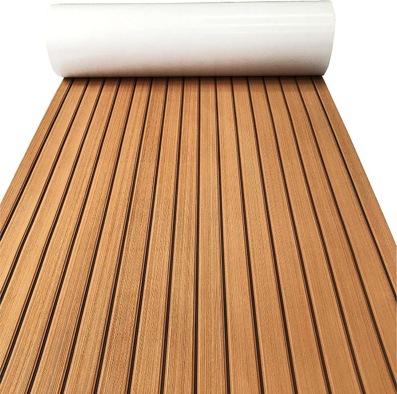 Photo 1 of Boat Flooring EVA Foam Decking Sheet Faux Teak Marine Mat Marine Carpet Cooler Tops Seating Non-Slip Self-Adhesive Flooring Material for Motorboat RV Yacht Kayak Swimming Pool 94x35