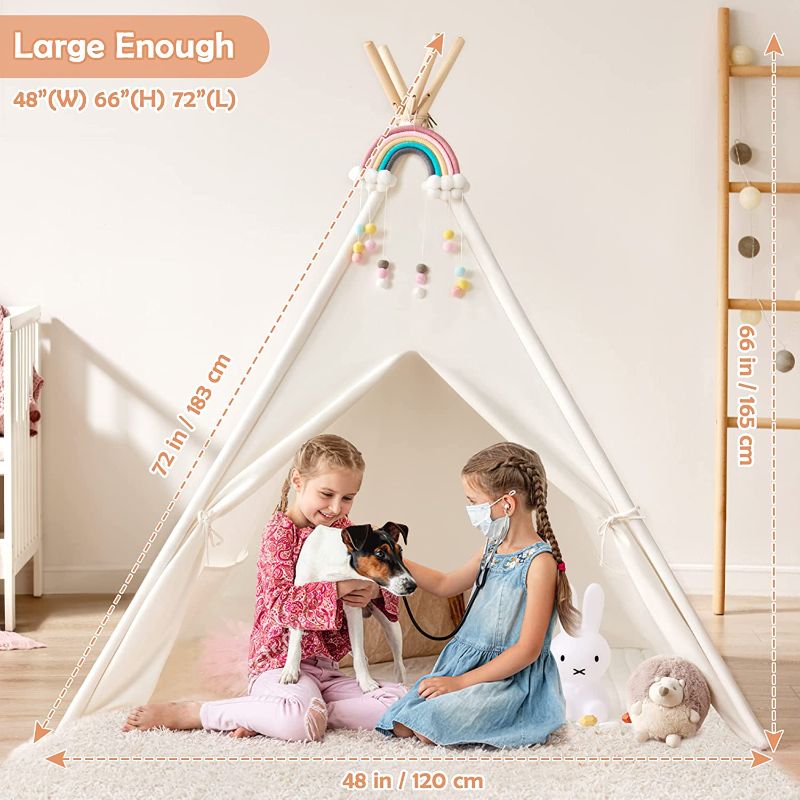 Photo 1 of Tiny Land Large Kids Teepee Tent with Padded Mat & Light String & Carry Case-Kids Foldable Play Tent -Toys for 3,4,5,6 Year Old Girls, White Canvas Teepee Indoor Outdoor Games-Kids Playhouse-Kids Tent
