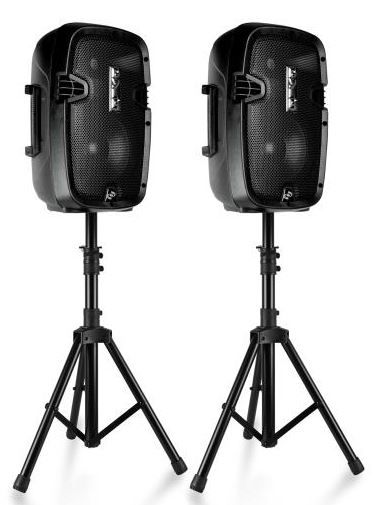 Photo 1 of Active + Passive PA Speaker System Kit - Dual Loudspeaker Sound Package, 8'' Subwoofers, Bluetooth Wireless Streaming, Includes (2) Speaker Stands, Wired Microphone, Remote Control (700 Watt)
