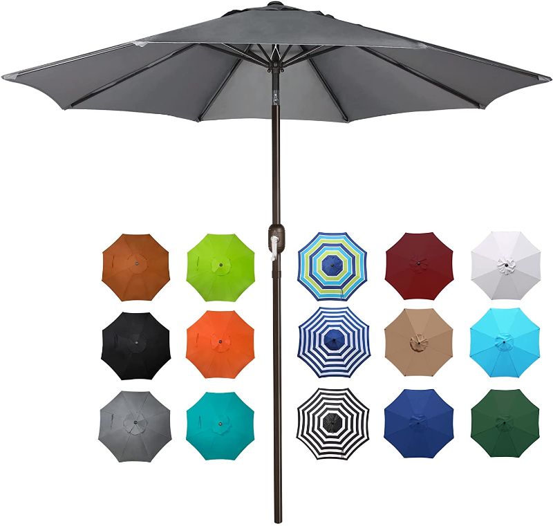 Photo 1 of Blissun 9' Outdoor Aluminum Patio Umbrella, Market Striped Umbrella with Push Button Tilt and Crank, Dark Grey
