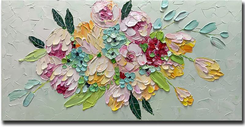 Photo 1 of AZAVY ART,24X48 Inch Modern Abstract Hand Painted 3D Textured Colorful Flower Wall Art Floral Bouquet Oil Paintings on Canvas Still Life Artwork Stretched and Framed Ready to Hang for Living Room Bedroom
