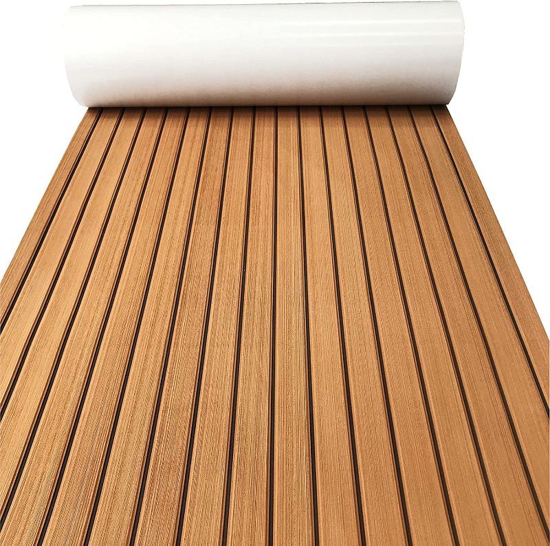 Photo 1 of Boat Flooring EVA Foam Decking Sheet Faux Teak Marine Mat Marine Carpet Cooler Tops Seating Non-Slip Self-Adhesive Flooring Material for Motorboat RV Yacht Kayak Swimming Pool 94" x 47"/35"/23"/16"
