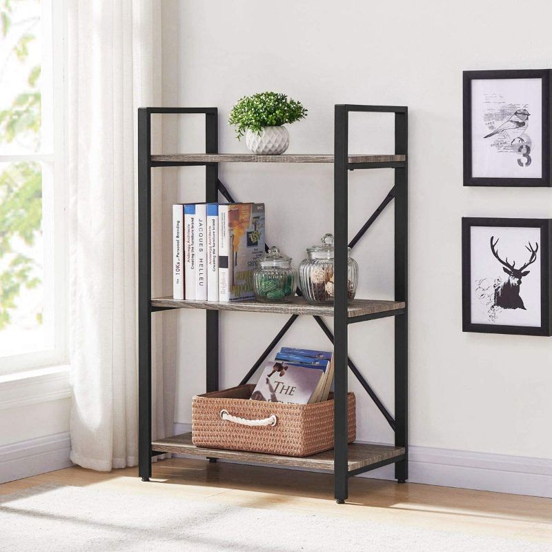 Photo 1 of BON AUGURE Small Bookshelf and Bookcase, 3 Tier Industrial Shelves for Bedroom, Rustic Etagere Bookcases (Dark Gray Oak)
