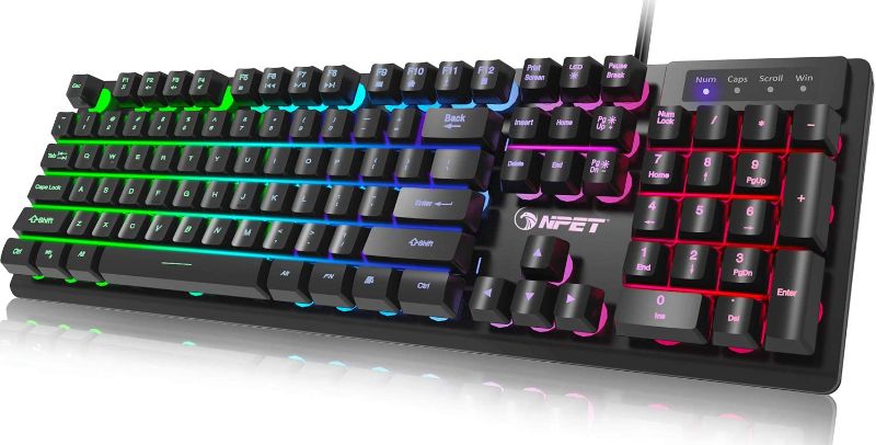 Photo 1 of NPET K10 Gaming Keyboard, LED Backlit, Spill-Resistant Design, Multimedia Keys, Quiet Silent USB Membrane Keyboard for Desktop, Computer, PC (Black)
