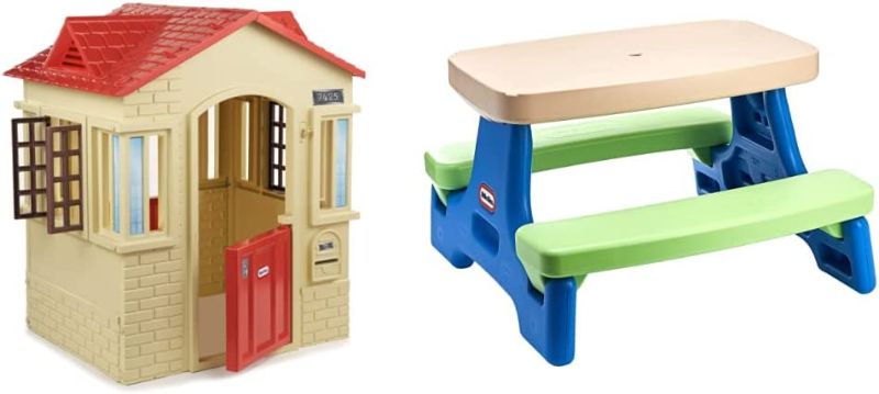 Photo 1 of Little Tikes Cape Cottage Playhouse with Working Doors, Windows, and Shutters - Tan & Easy Store Jr. Kid Picnic Play Table - Amazon Exclusive
