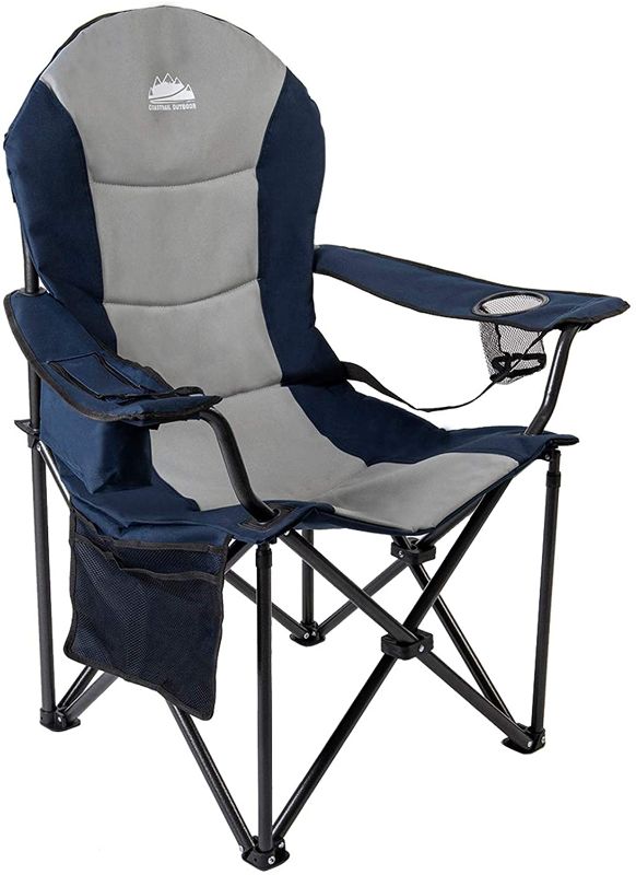 Photo 1 of Coastrail Outdoor Padded Camping Chair with Lumbar Back Support, Oversized Heavy Duty Lawn Chair Folding Quad Arm Chair with Cooler Bag, Cup Holder & Side Pocket, Supports 400lbs
