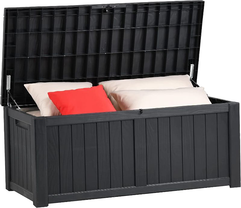 Photo 1 of  Storage Deck Box, Large Resin Patio Storage for Outdoor Pillows, Garden Tools and Pool Supplies, Waterproof, Lockable (Black)
