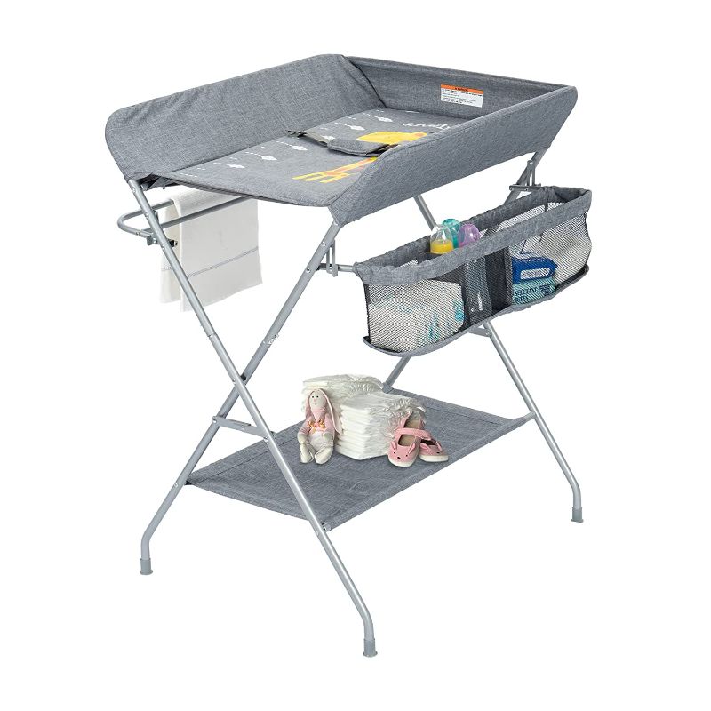 Photo 1 of Obbao Portable Changing Table, Folding Baby Changing Table with Large Storage Basket, Rack, Safety Belt, Baby Changing Station for Infant, Grey
