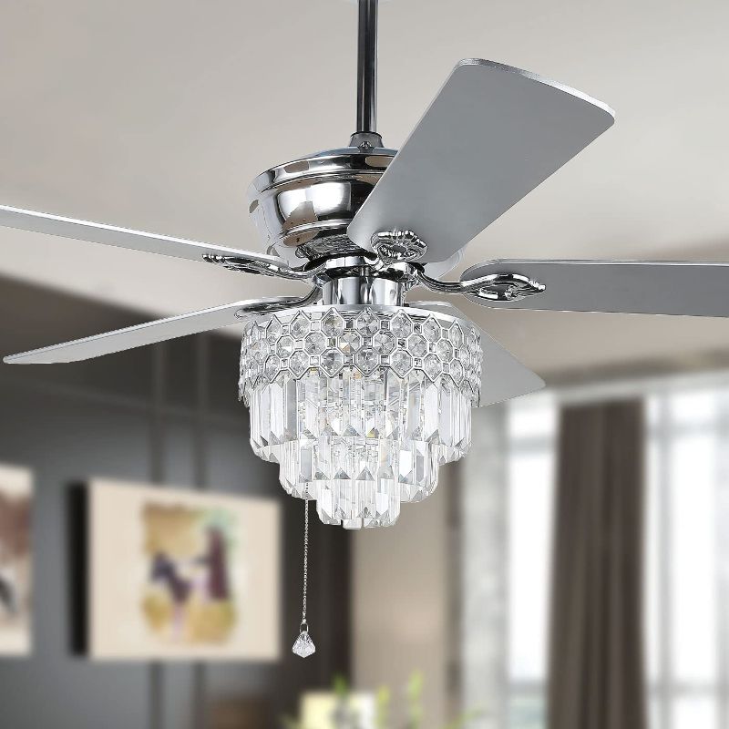 Photo 1 of 52? Crystal Ceiling Fan with Lights and Remote Control, Modern Chandelier Fan with Dual Finish Reversible Blades, Quiet Indoor Fanderlier for Living Room, Dining Room, Bedroom. (Chrome)
