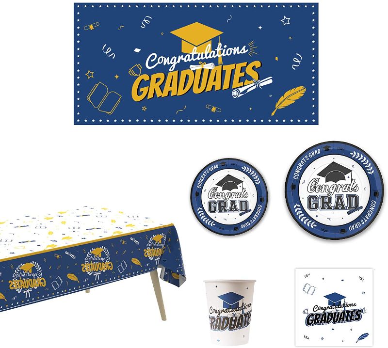 Photo 1 of 203 PCS Graduation Party Decorations 2022, Serves 50 Guests Graduation Plates and Napkins 2022 Graduation Party Supplies ,Graduation Banner Graduation Tablecloth,Cups with Gift Box,Graduation Napkins Plates
