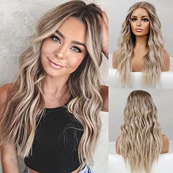 Photo 1 of Emmor Long Ombre Blonde Lace Front Wig for Women,25 Inch Natural Wavy Daily Hair Synthetic Lace Wigs Middle Part,Hand Tied/Longlife/Lightweight