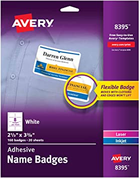 Photo 1 of Avery Flexible Name Tag Stickers, White Rectangle Labels, 160 Removable Name Badges, 2-1/3" x 3-3/8" (8395)