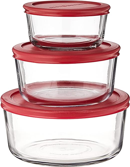 Photo 1 of Anchor Hocking Classic Glass Food Storage Containers with Lids, Red, 6-Piece Set, Model Number: