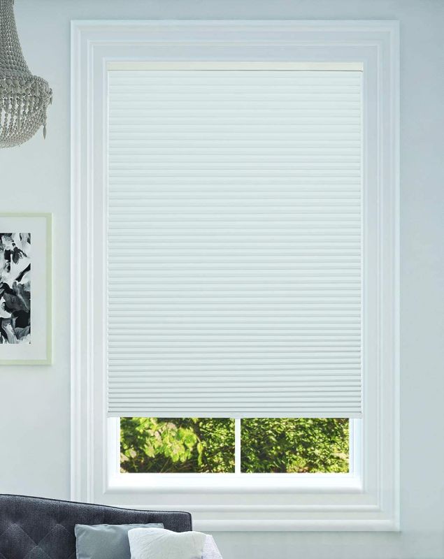 Photo 1 of BlindsAvenue Cellular Honeycomb Cordless Shade, 9/16" Single Cell, Blackout, White, Size: 18" W x 48" H
