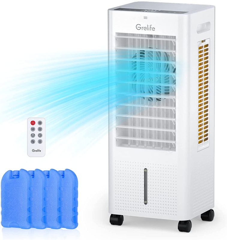 Photo 1 of Grelife Portable Evaporative Air Cooler, 3-IN-1 Oscillation Air Cooler with Fan & Humidifier, 3 Wind Speeds, 3 Modes, 12H Timer, LED Display, 1.58 Gal Water Tank and 4 Ice Packs for Bedroom Living Room Office Garage
