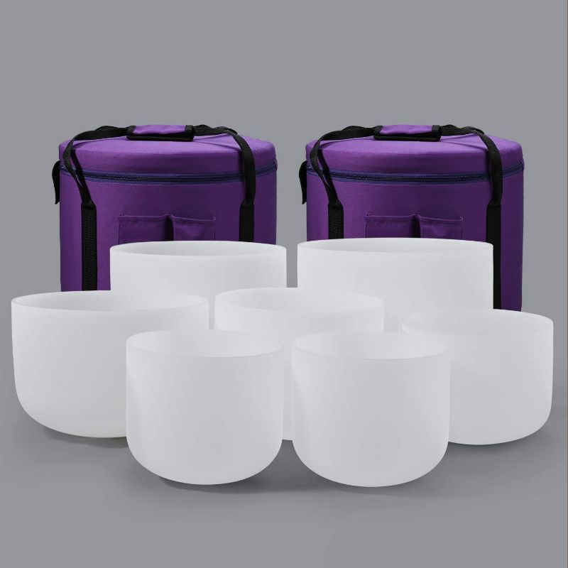 Photo 1 of 432HZ 7-12 Inch Set Of 5 Pcs Frosted Quartz Crystal Singing Bowls With 2 Pcs Carrying Case bag Sound Healing
