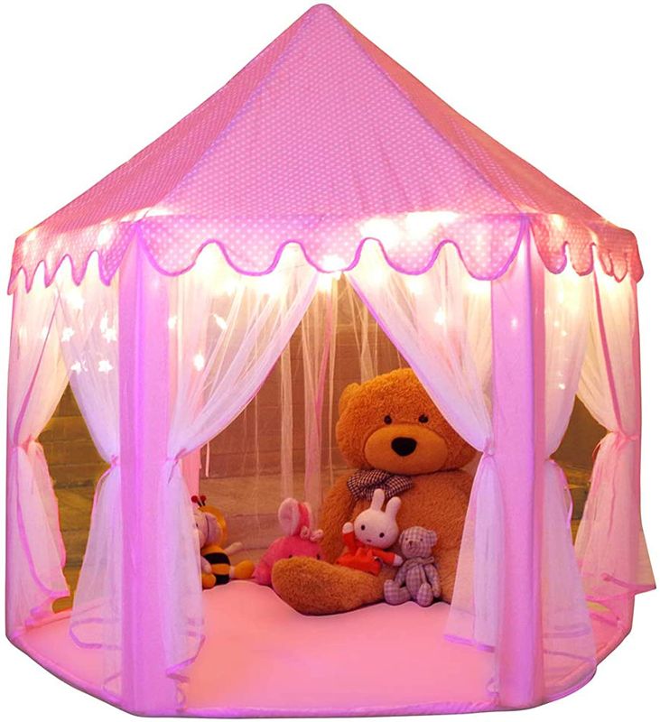 Photo 1 of Monobeach Princess Tent Girls Large Playhouse Kids Castle Play Tent with Star Lights Toy for Children Indoor and Outdoor Games, 55'' x 53'' (DxH)
