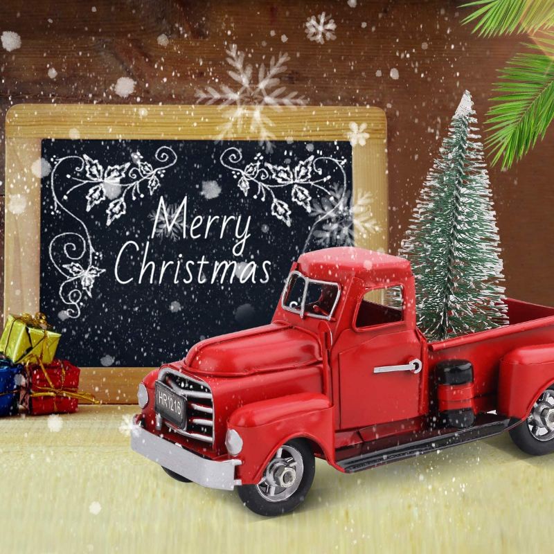 Photo 1 of Beewarm Vintage Red Truck Decor 6.7 Inches Handcrafted Red Metal Truck Car Model for Christmas Decoration Table Decoration