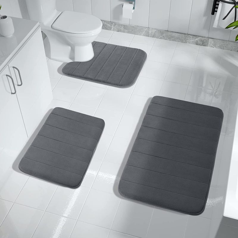 Photo 1 of Yimobra 3 Pieces Memory Foam Bath Mat Sets, 31.5 x 19.8 + 17x24 and U-Shaped for Bathroom Rugs, Toilet Mats, Non-Slip, Soft Comfortable, Water Absorption, Machine Washable, Dark Grey
