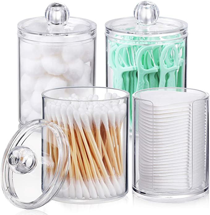 Photo 1 of AOZITA 4 Pcs, 10 OZ Qtip Holder Dispenser for Cotton Ball, Cotton Swab, Cotton Round Pads, Floss - Clear Plastic Apothecary Jar Set for Bathroom Canister Storage Organization, Vanity Makeup Organizer
