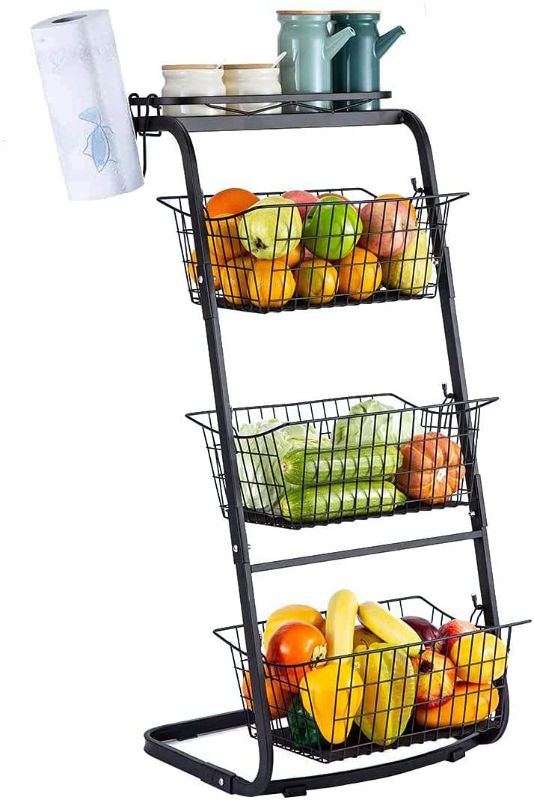 Photo 1 of 4-Tier Wire Baskets for Organizing- Fruit Basket Stand with Pads for Kitchen Pantry|Snack Fruit Vegetable Produce Metal Hanging Storage Bin and Paper Towel Holder-Black 
