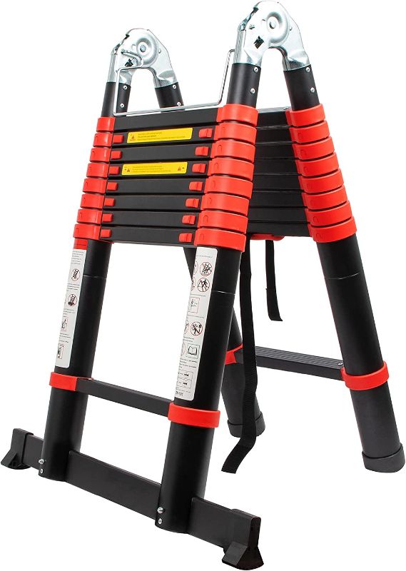 Photo 1 of BEETRO 18.4ft Aluminum Telescoping Ladder with Wheels, A Type Portable Telescopic Extension Ladder for Outdoor Working, Household Use and More, 330lb Capacity, More Durable and Safer with Balance Rod
