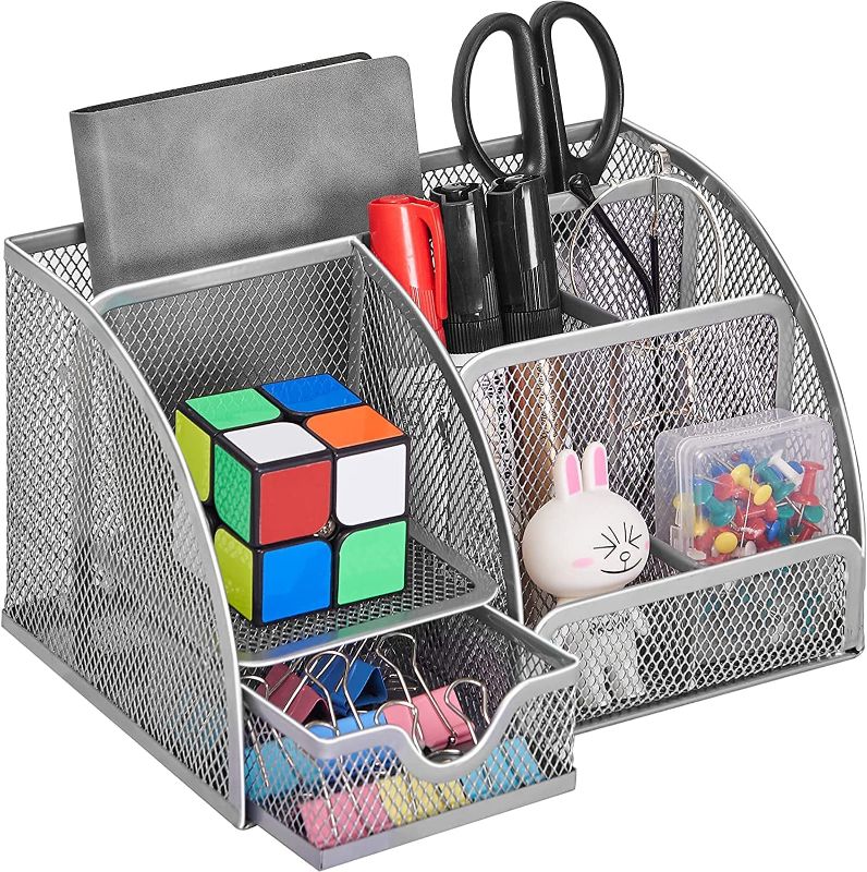 Photo 1 of Coavas Desk Organizer Desktop Office Supplies Organizer With 6 Compartments , Space Saving Mesh Desk Organizer With Pencil Holder And Storage Box With Drawer for Desktop Accessories, silver
