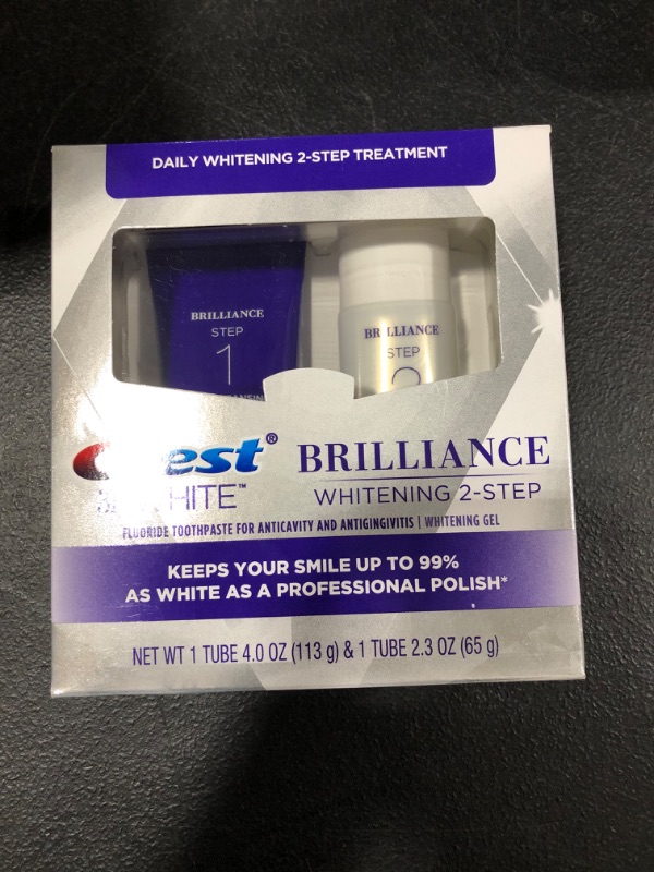 Photo 2 of Crest 3D White Brilliance 2 Step Kit, Deep Clean Toothpaste (4oz) + Teeth Whitening Gel (2.3oz) Expires July 2023
