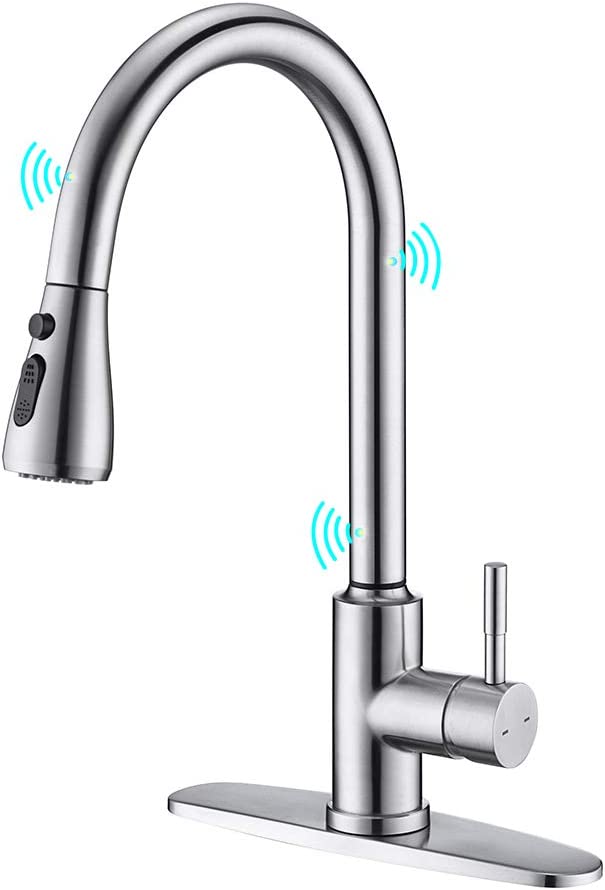 Photo 1 of ARRISEA Touchless Brushed Nickel Kitchen Faucets, Smart Activated Kitchen Sink Faucets with Pull Down Sprayer, Stainless Steel Black Faucet for Kitchen Sink with Deck Plate
