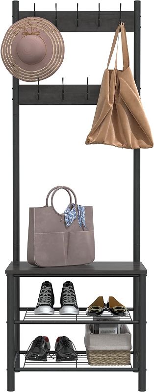 Photo 1 of Yusong Industrial Coat Rack Shoe Bench,Entryway Hall Trees Storage Shelf with 2 Mesh Shelves,3 in 1 Design,Easy Assembly, Gray
