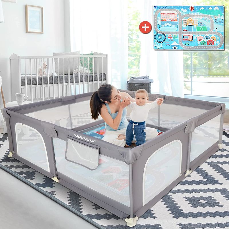 Photo 1 of Baby Playpen with Mat, Large Playpen For Babies and Toddlers, 71"L x 59"W x 25.5"D Baby Fence Play Area with Playmat, 360° Visible Playard for Baby, Indoor Extra Large Baby Playpen for Infants Age 1-3
