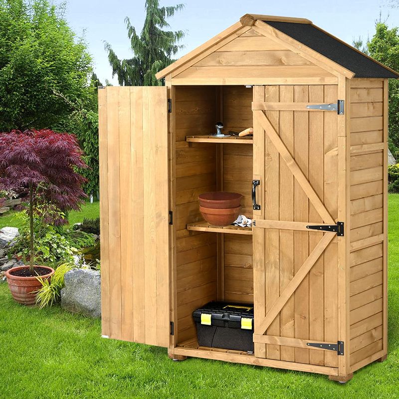 Photo 1 of 5.8ft x 3ft Outdoor Wood Lean-to Storage Shed Tool Organizer with Waterproof Asphalt Roof, Lockable Doors, 3-Tier Shelves for Backyard, Natural 2 BOXES -NO HARDWARE-